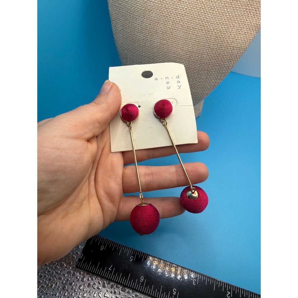 A New Day Fuchsia Pink Thread Wrapped Bauble Drop Earrings Gold Tone Long Dangle